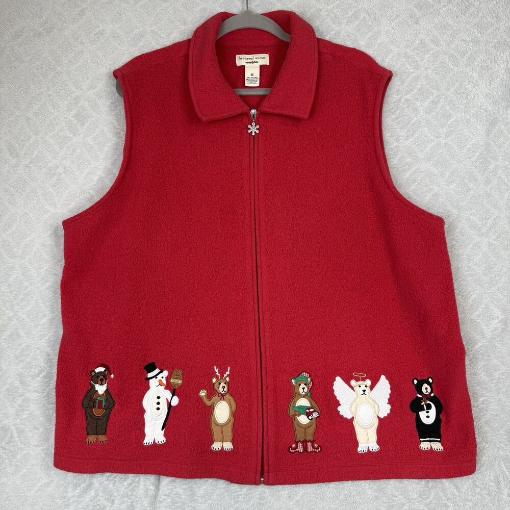 Vtg Bechamel Christmas Bears Fleece Vest Womens 2X Red Holiday Grandmacore 90s